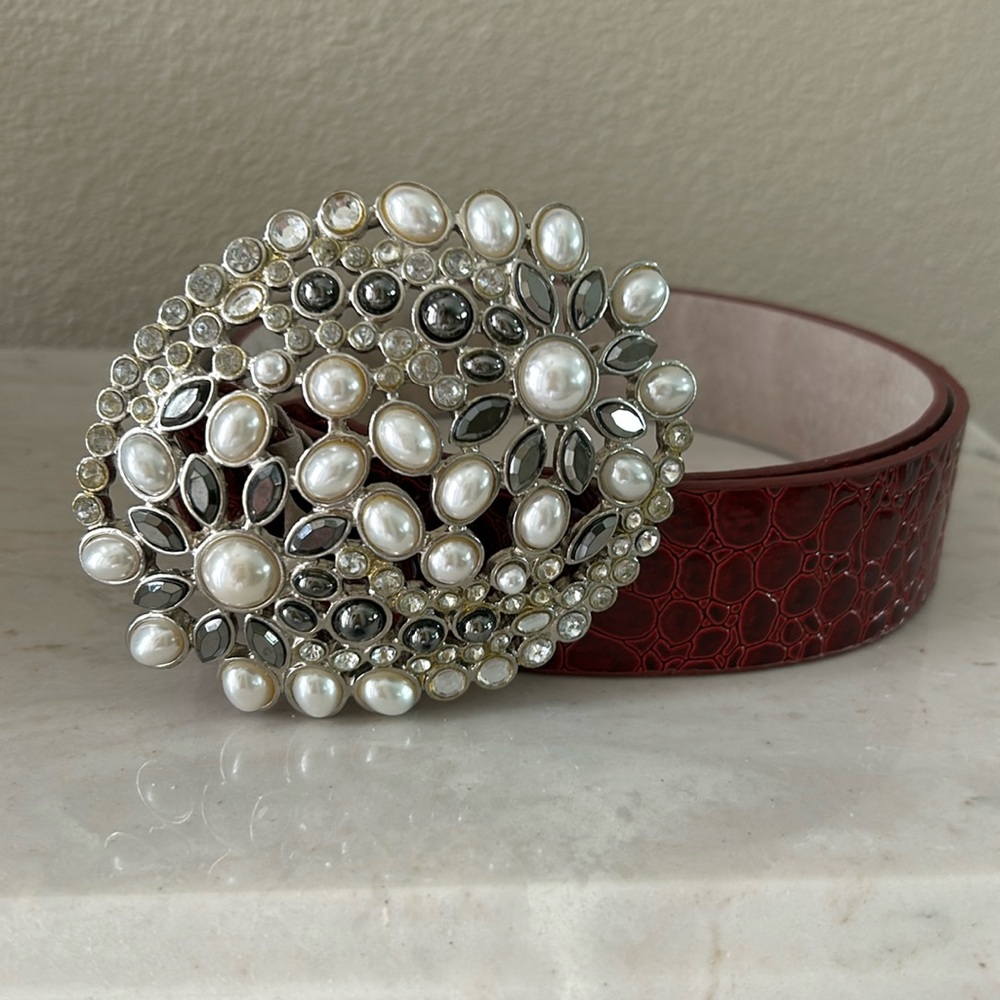 White House Black Market red croc embossed belt pearl and rhinestone buckle